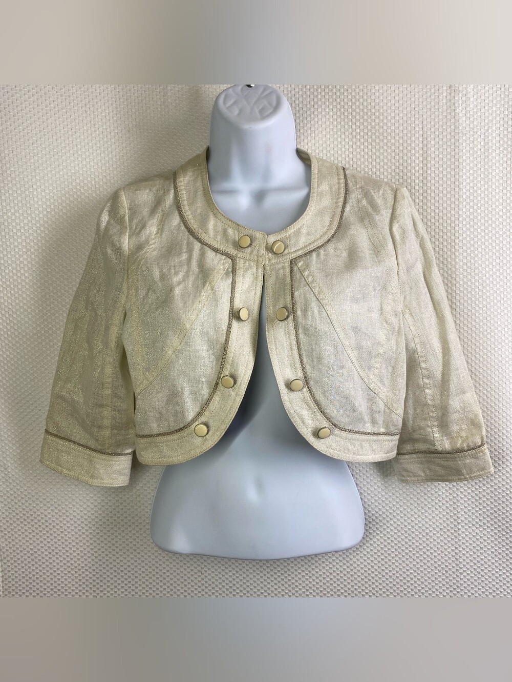 Elle Cream Metallic Gold Cropped Bolero Jacket Shrug Wedding Formal Size M